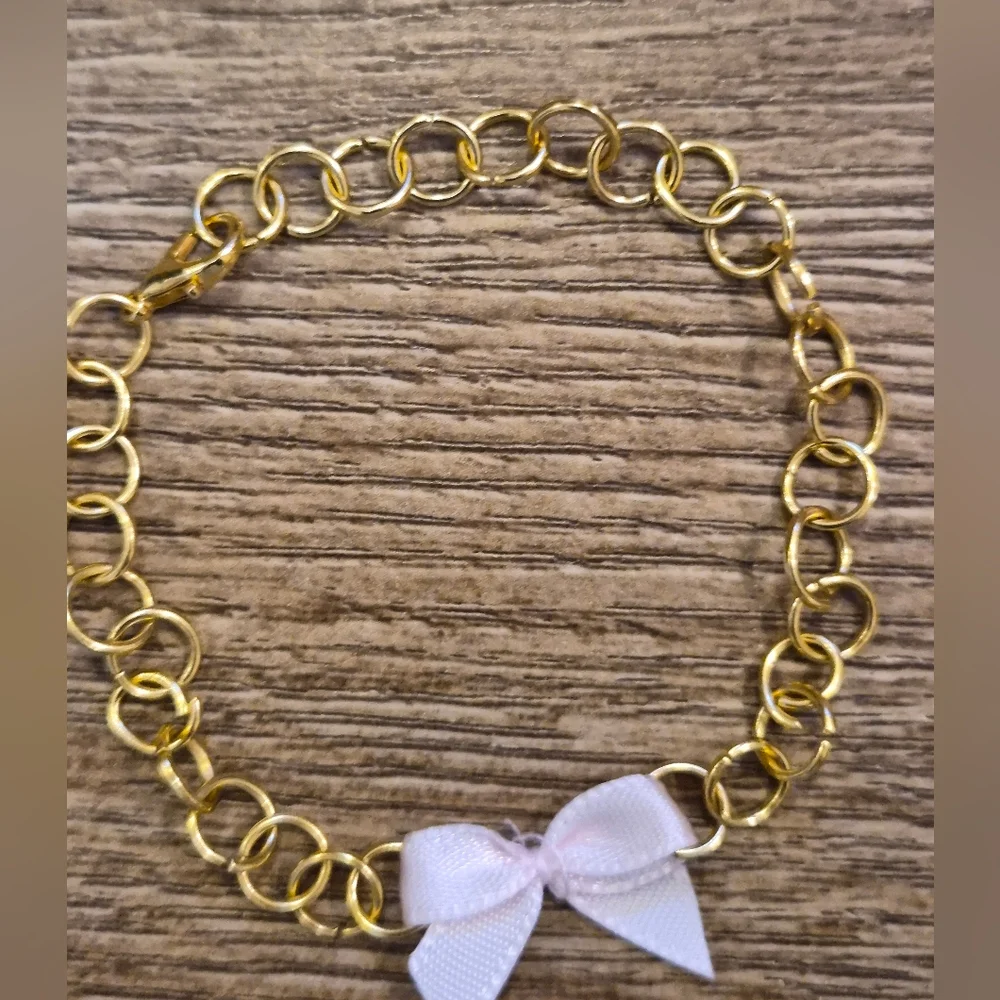 Handmade Gold Tone Bracelet w/ Sweet Baby Pink Bow + Martching Charm 1 of A Kind